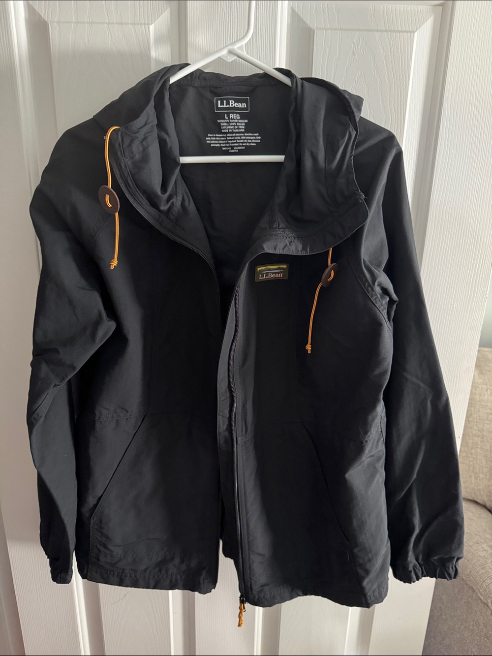 L.L. Bean Black Hooded Raincoat with Orange Drawcord Accents